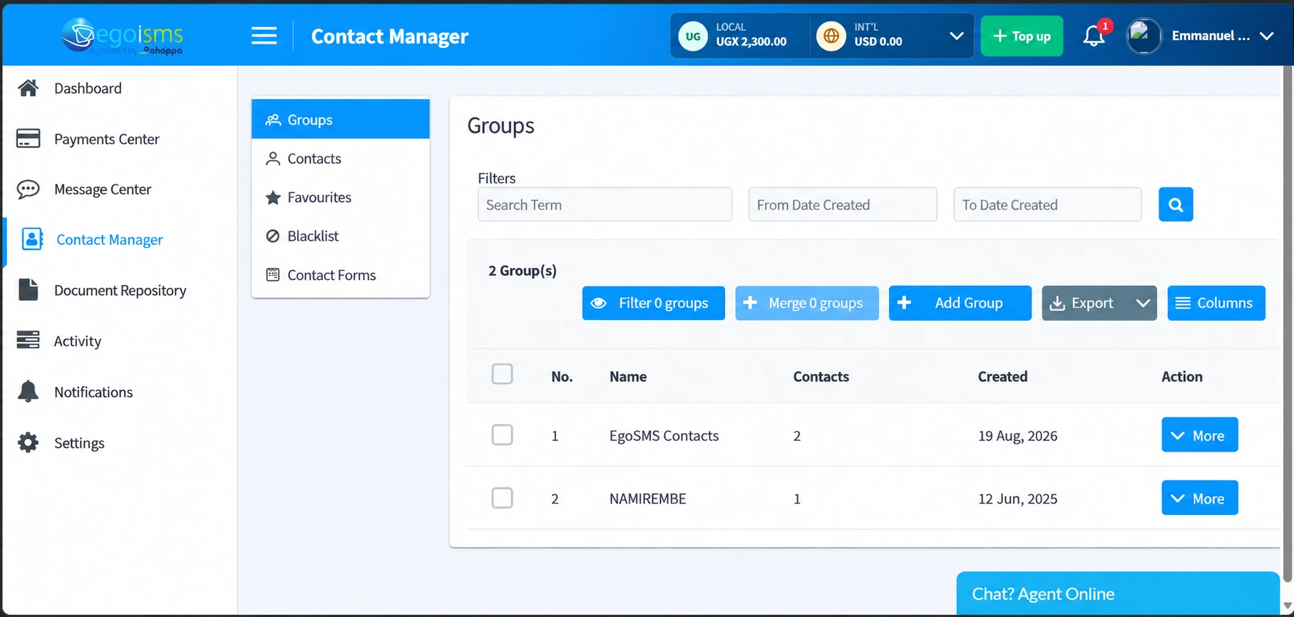 EgoSMS Contact Manager showing a list of contact groups