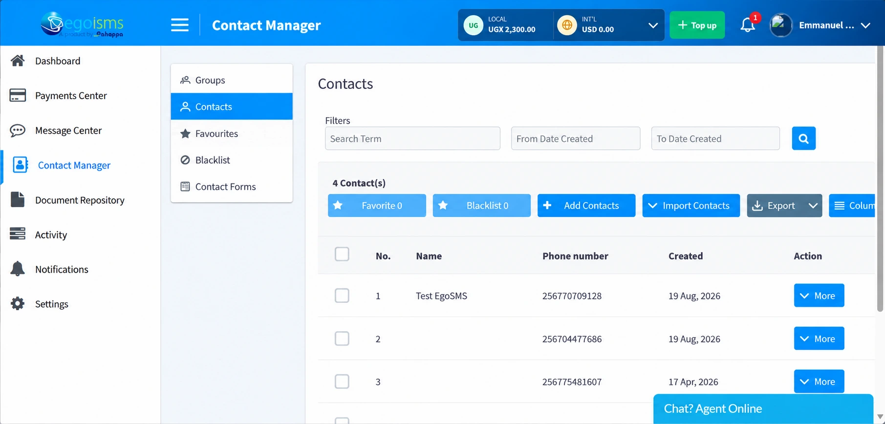 EgoSMS Contact Manager dashboard showing a list of contacts